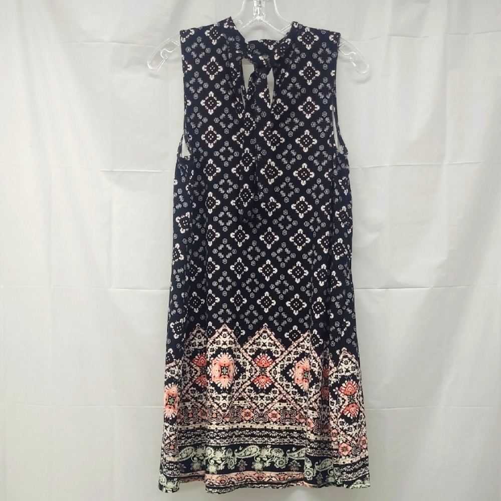 Midi Sundress Black White Pastel Peach Geometric Print w Tie V Neck Keyhole EUC